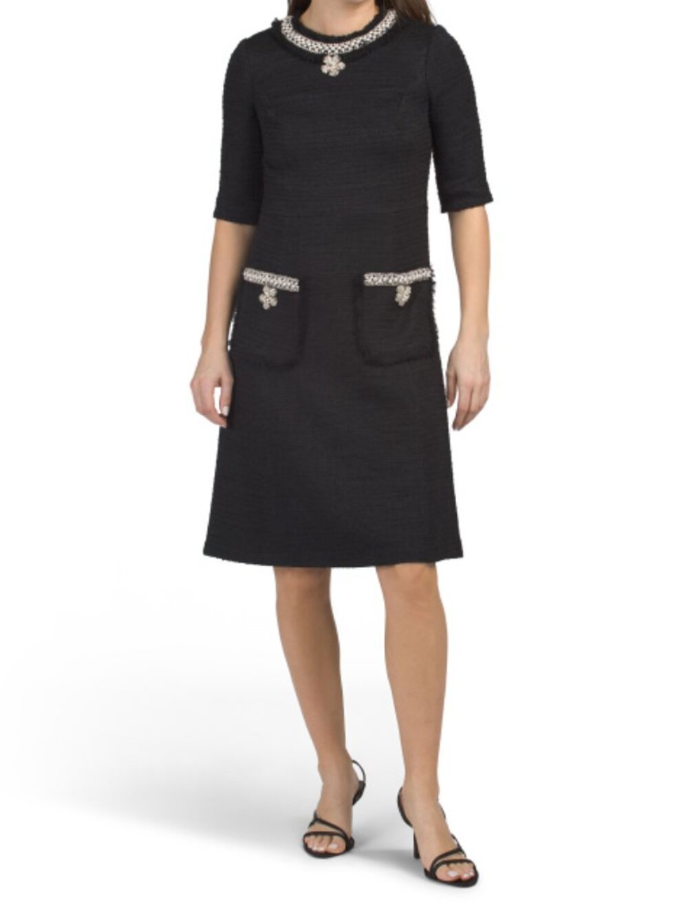 TERI JON Boucle Knit Flower Pearl And Jewel Trim Mini Dress